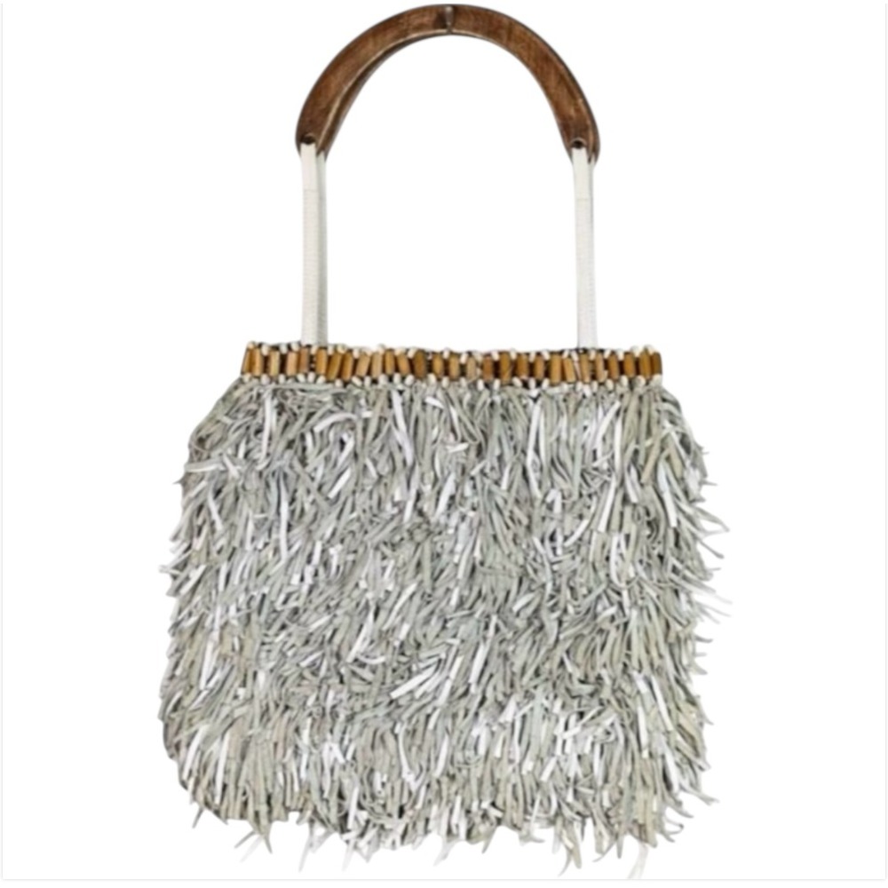 TRIBO Gray Leather Fringe Shoulder Bag Beaded Wood Handle Boho Y2K Purse